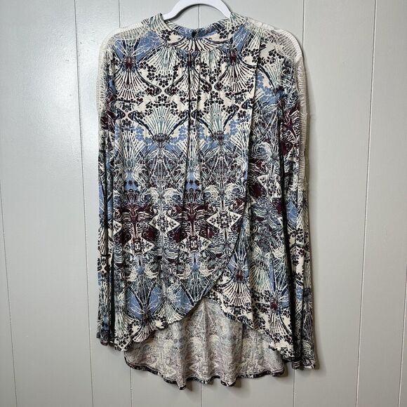 Free People Size Large Nouveau Blouse Blue Boho Top Keyhole Back Lace Faux Wrap - Picture 1 of 16